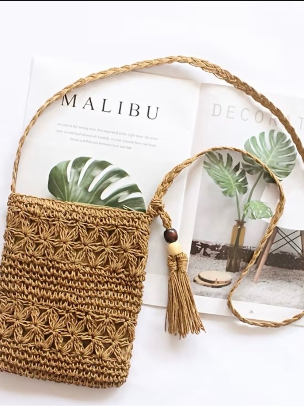 Woven Straw Crossbody Bag with Tassel - Brown